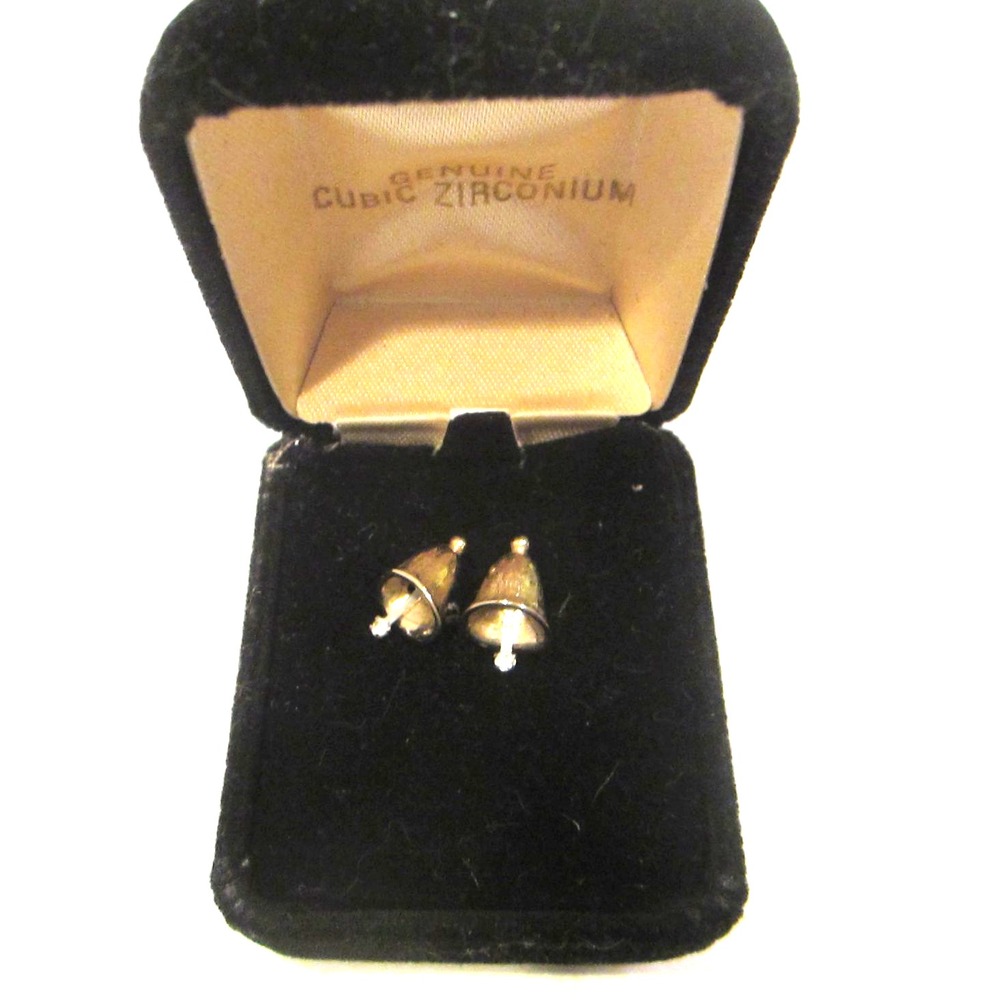 Earrings - Christmas Bell Post Earrings BRUSHED GOLD TONE CZ